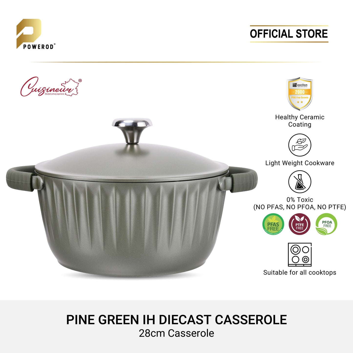 Cuisineur Pine Green IH 28cm High Die-Cast Casserole / Periuk Saiz 28cm
