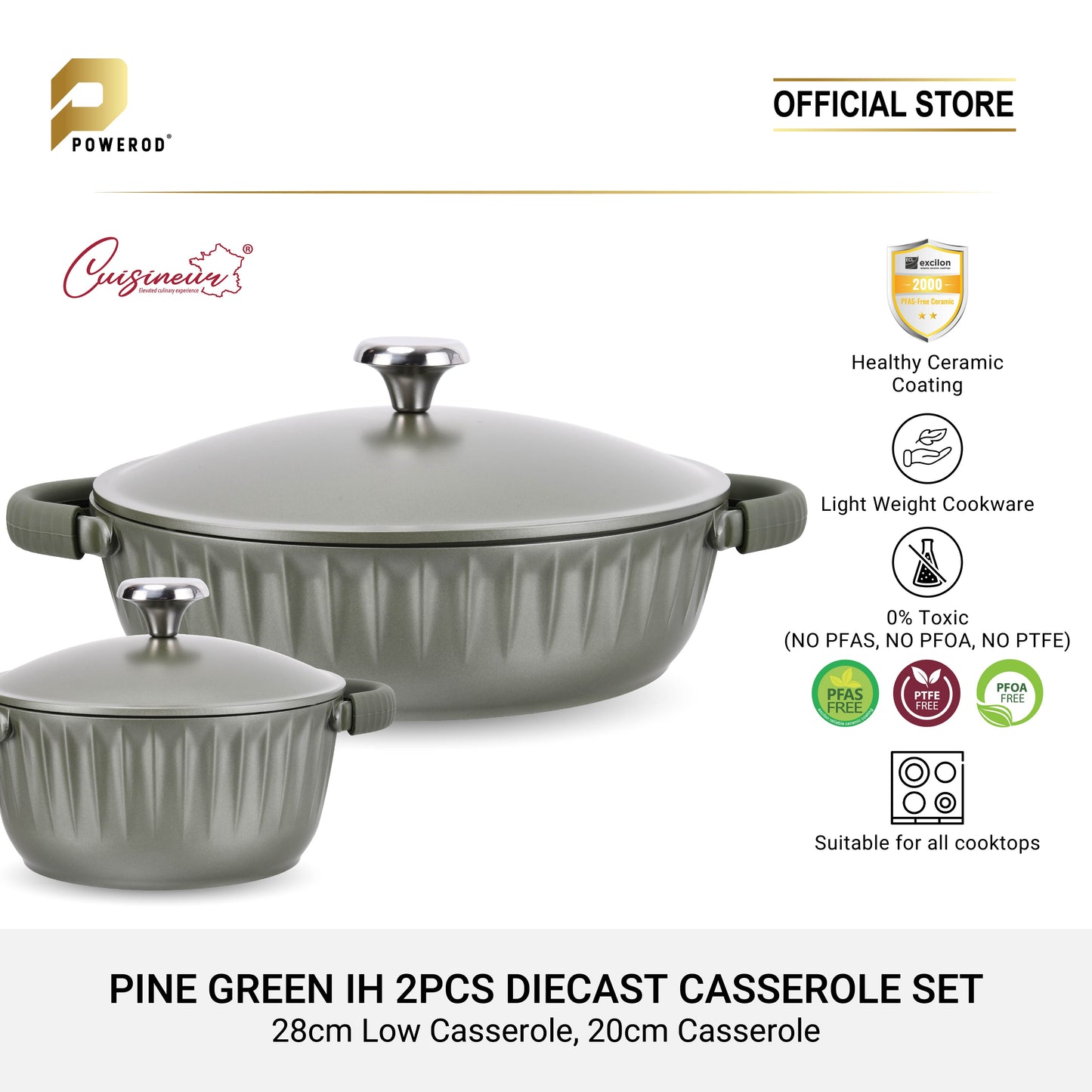 Cuisineur Pine Green IH 2pcs Die-Cast Casserole Set ( 28cm Low Casserole + 20cm Casserole)