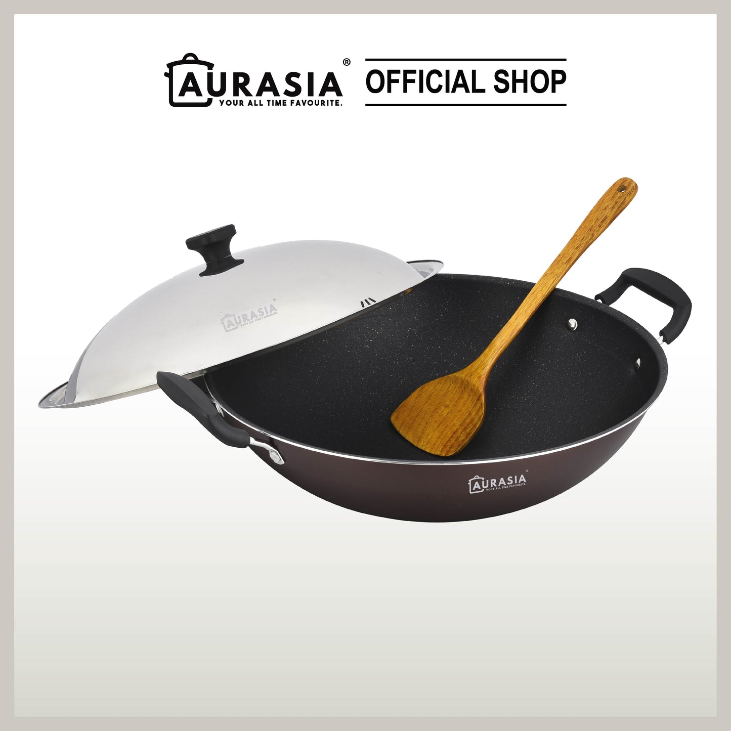 (SABAH ONLY) Aurasia Dino 45cm Non-Stick Wok Cookware Kitchenware Stainless Steel Dome Lid