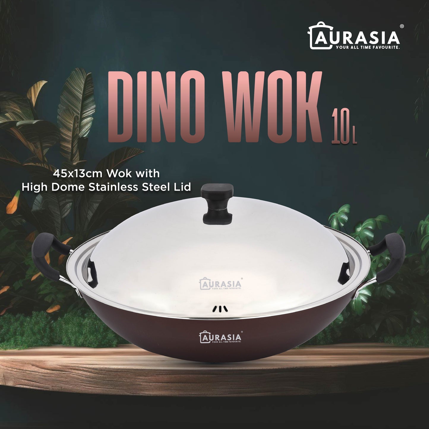 (SABAH ONLY) Aurasia Dino 45cm Non-Stick Wok Cookware Kitchenware Stainless Steel Dome Lid