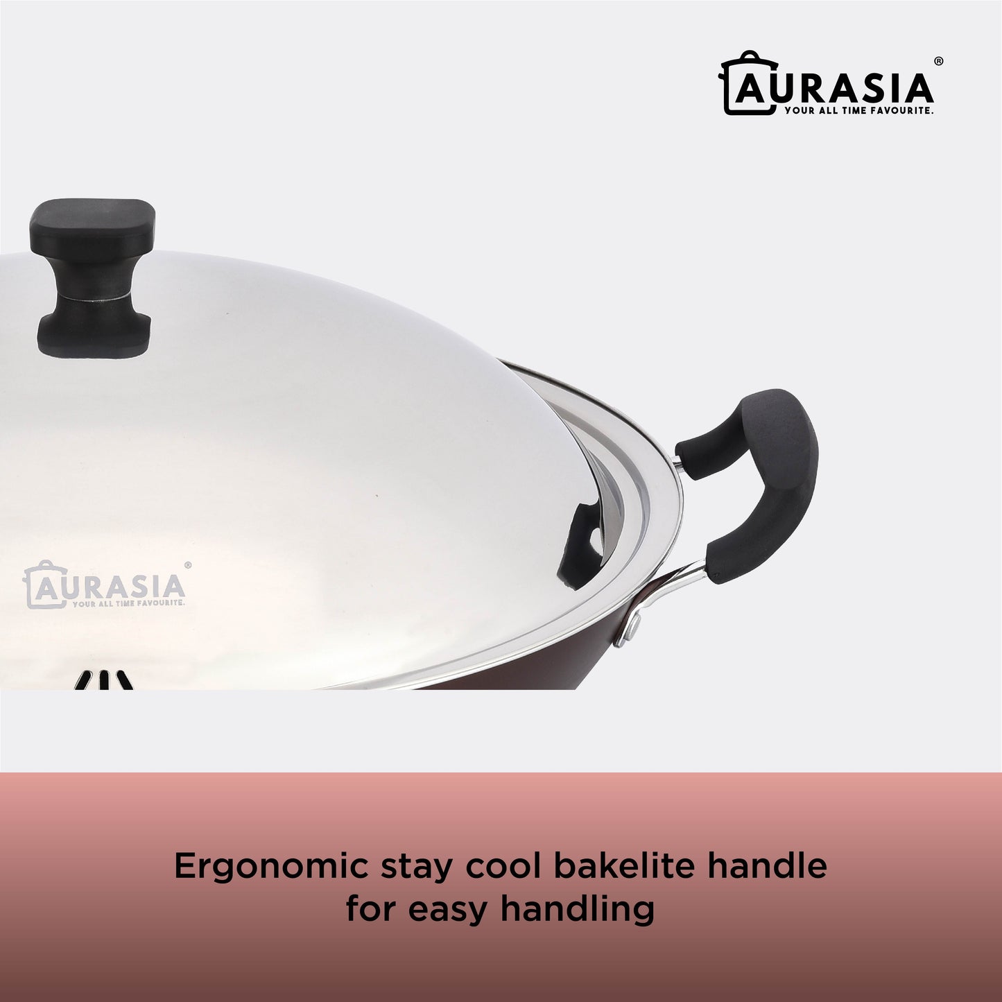 (SABAH ONLY) Aurasia Dino 45cm Non-Stick Wok Cookware Kitchenware Stainless Steel Dome Lid